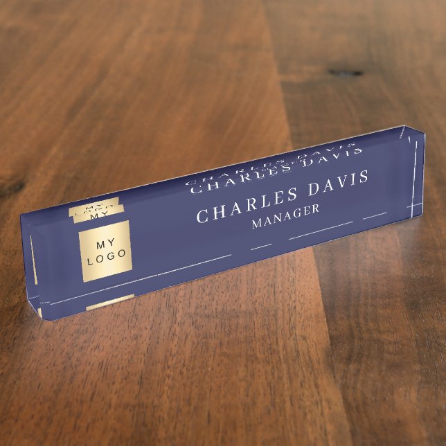 Navy blue logo office desk name plate (Side)