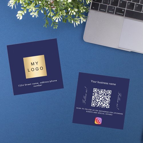 Navy blue logo QR code Instagram follow us Square Business Card