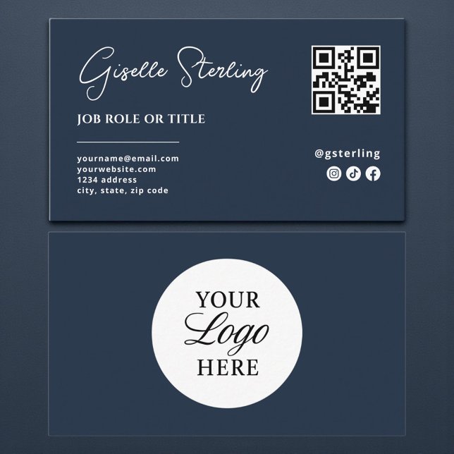 Navy Blue Logo QR Code Professional Company Script Business Card (Creator Uploaded)