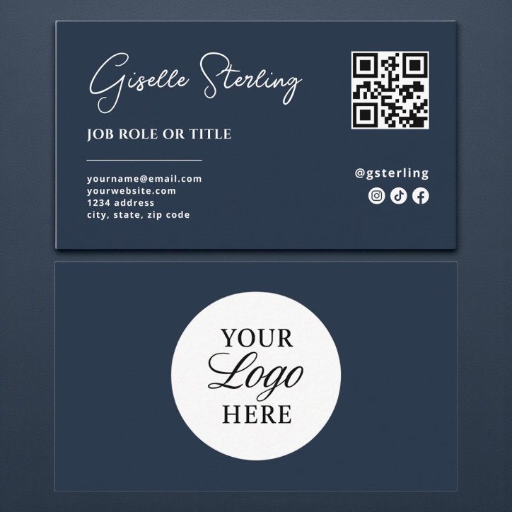 Navy Blue Logo QR Code Professional Company Script Business Card