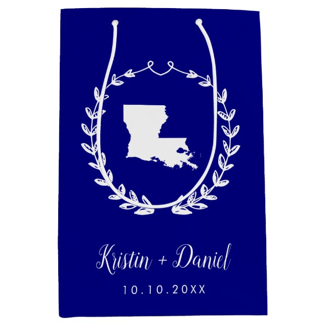 Navy Blue Louisiana Map Wedding Welcome Swag Medium Gift Bag (Front)