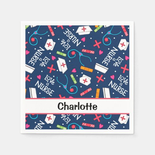Navy Blue Love a Nurse Whimsy Personalize Party Napkins