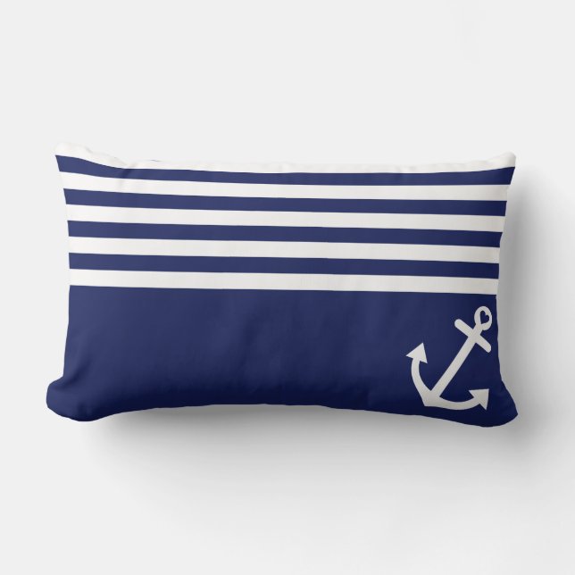 Navy Blue Love Anchor Nautical Lumbar Pillow (Front)