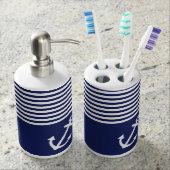 Navy Blue Love Anchor Nautical Soap Dispenser And Toothbrush Holder (Front)