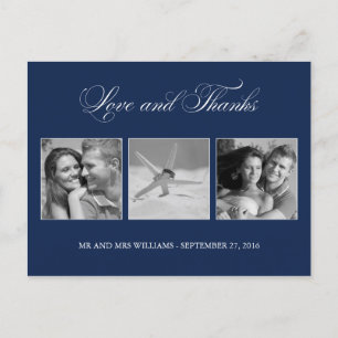 Navy Blue Love and Thanks Wedding 3-Photo Template Postcard