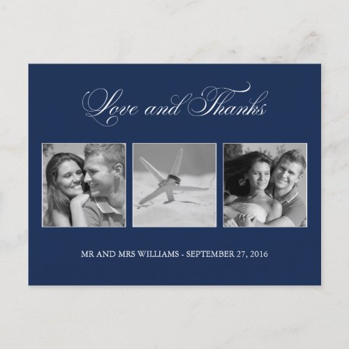 Navy Blue Love and Thanks Wedding 3_Photo Template Postcard