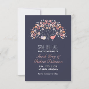 Navy Blue Love Birds Flower Wedding Save The Date