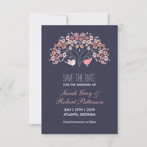 Navy Blue Love Birds Flower Wedding Save The Date