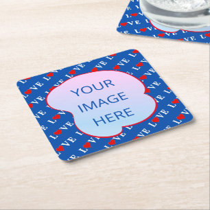 Navy Blue LOVE Heart Square Paper Coaster