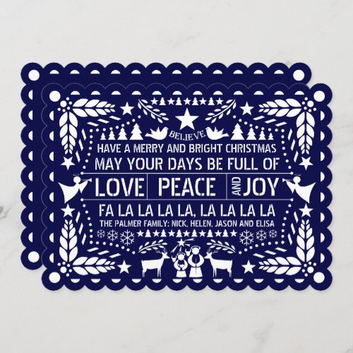 Navy blue Love Peace Joy papel picado Christmas Holiday Card