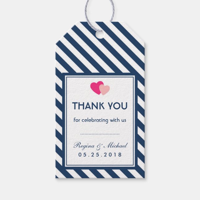 Navy Blue Love Stripes Pattern Wedding Gift Tag (Front)
