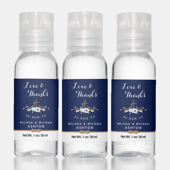 Navy Blue Love & Thanks Anchor Nautical Wedding Hand Sanitizer (Set)