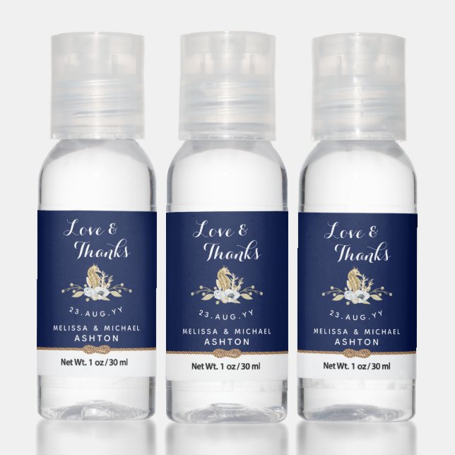Navy Blue Love & Thanks Seahorse Nautical Wedding Hand Sanitizer (Set)