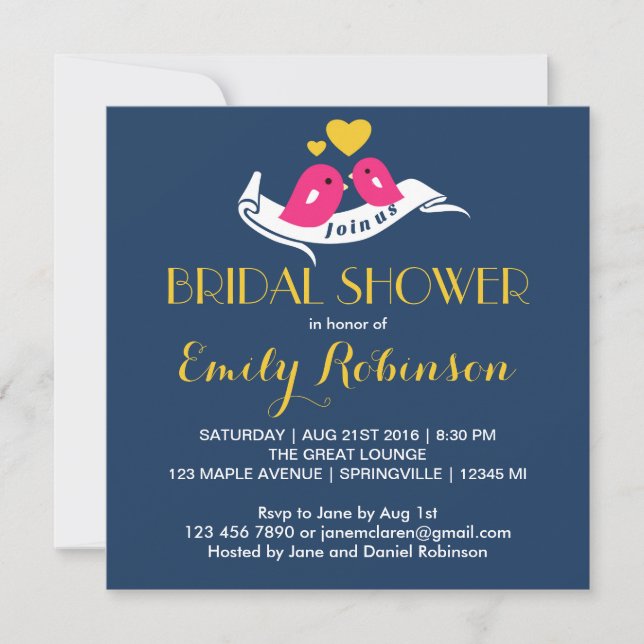 Navy Blue Lovebirds Bridal Shower Invitation (Front)