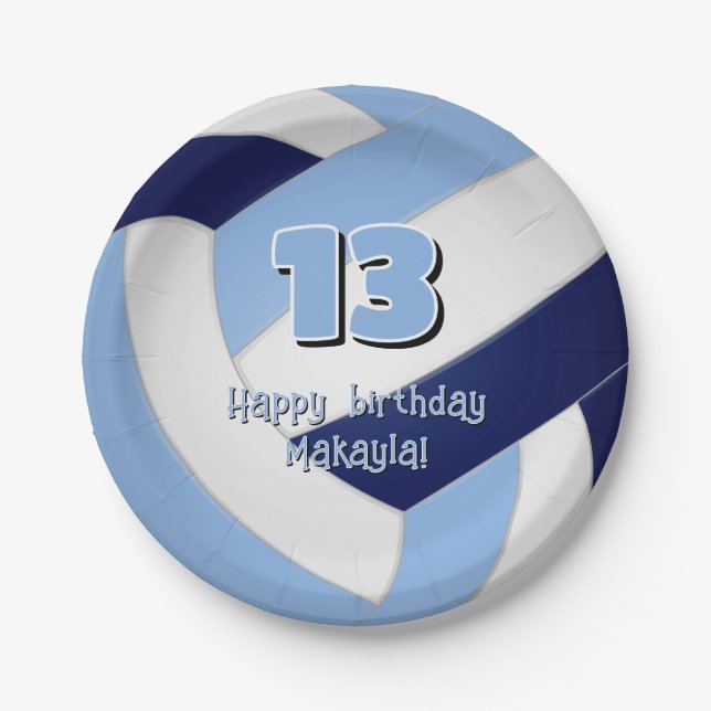 navy blue lt blue volleyball kids birthday party paper plates (Front)