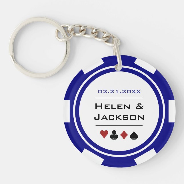Navy Blue Lucky In Love Poker Chip Casino Wedding Keychain (Front)