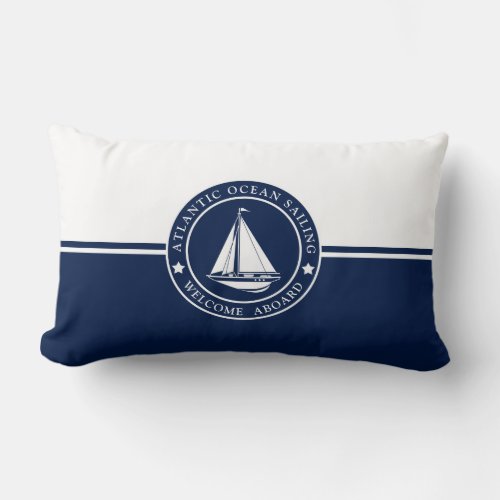 Navy Blue Lumbar Pillow with Sailing Label