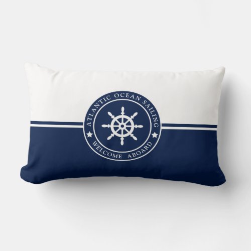 Navy Blue Lumbar Pillow with Ships Wheel Label