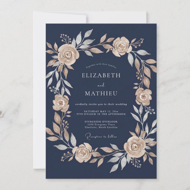 Navy Blue Luminous Botanical Wedding Invitation (Front)