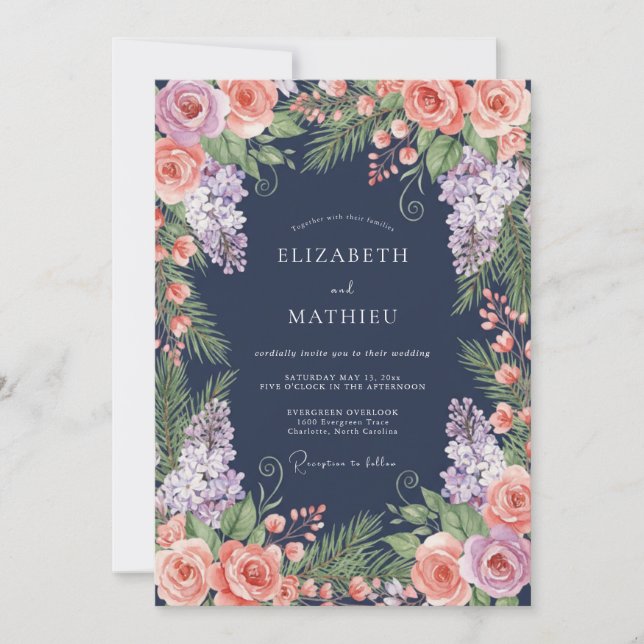 Navy Blue Lush Elegant Wedding Invitation (Front)