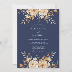 Navy Blue Lustrous Autumnal Wedding Invitation