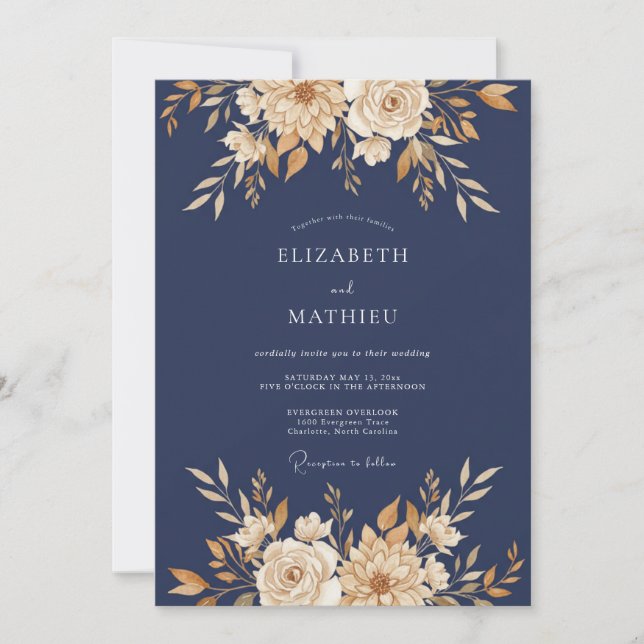 Navy Blue Lustrous Autumnal Wedding Invitation (Front)