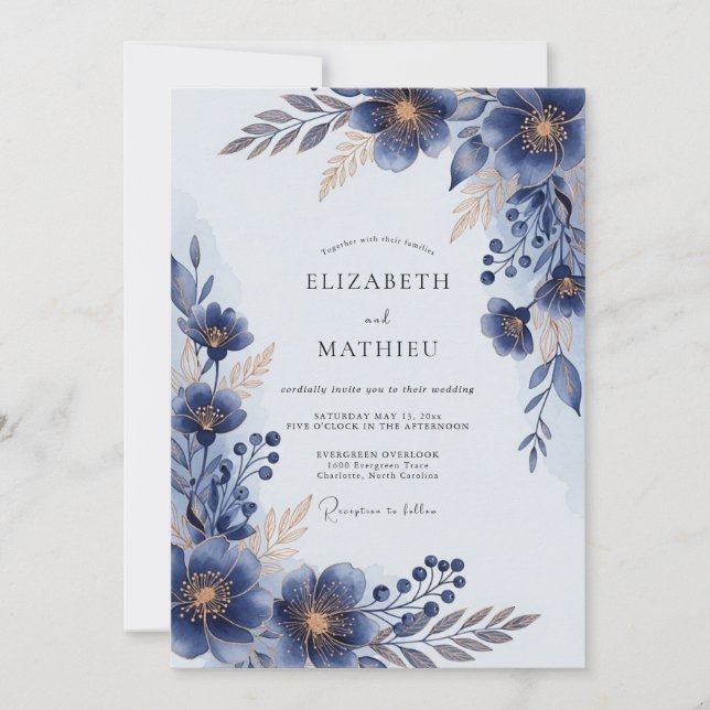 Navy Blue Lustrous Floral Wedding Invitation (Front)