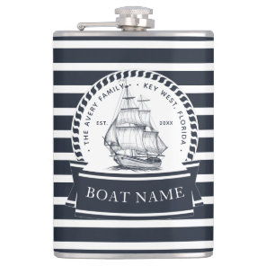Navy Blue Luxury Boat Family Name Flask