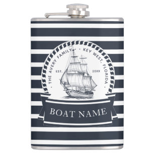 Navy Blue Luxury Boat Family Name Flask