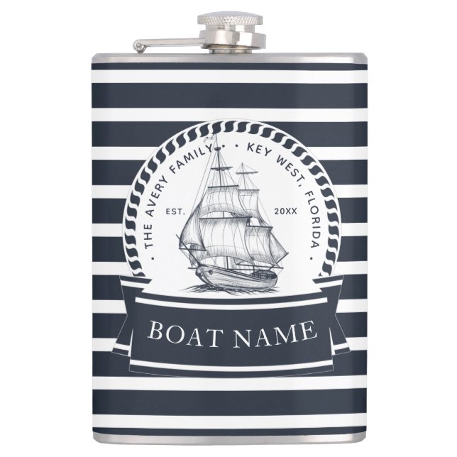 Navy Blue Luxury Boat Family Name Flask (Front)