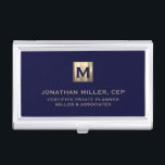 Navy Blue Luxury Gold Initial Logo Business Card Case<br><div class="desc">Simple modern luxury design with brushed metallic gold initial logo medallion with personalized name,  title,  company name or custom text below in classic block typography on a rich navy blue background. Personalize for your custom use.</div>