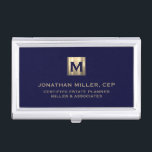 Navy Blue Luxury Gold Initial Logo Business Card Case<br><div class="desc">Simple modern luxury design with brushed metallic gold initial logo medallion with personalized name,  title,  company name or custom text below in classic block typography on a rich navy blue background. Personalize for your custom use.</div>