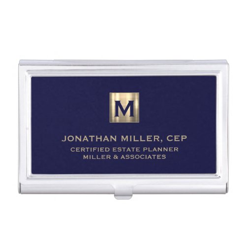 Navy Blue Luxury Gold Initial Logo Business Card Case
