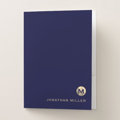 Navy Blue Luxury Gold Monogram Pocket Folder