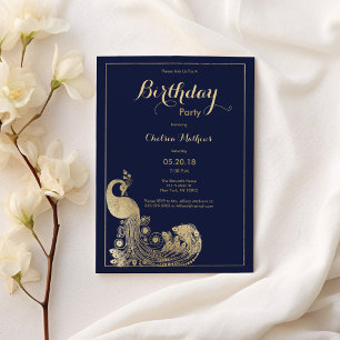 Navy blue luxury gold royal peacock Birthday Party Invitation