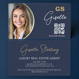 Navy Blue Luxury Real Estate Agent QR Code Photo  Business Card