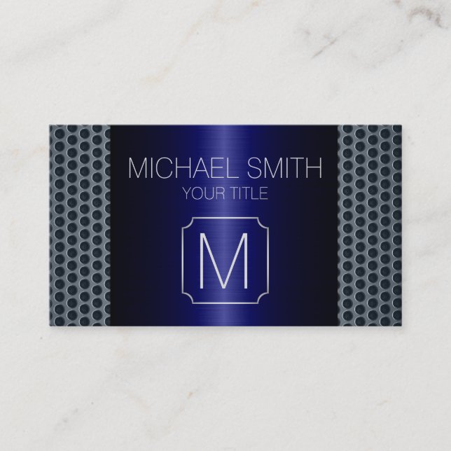 Navy Blue Luxury Stainless Metal Monogram Business Card (Front)