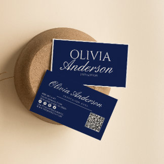 Navy Blue Luxury Vintage Old Money QR Code Business Card