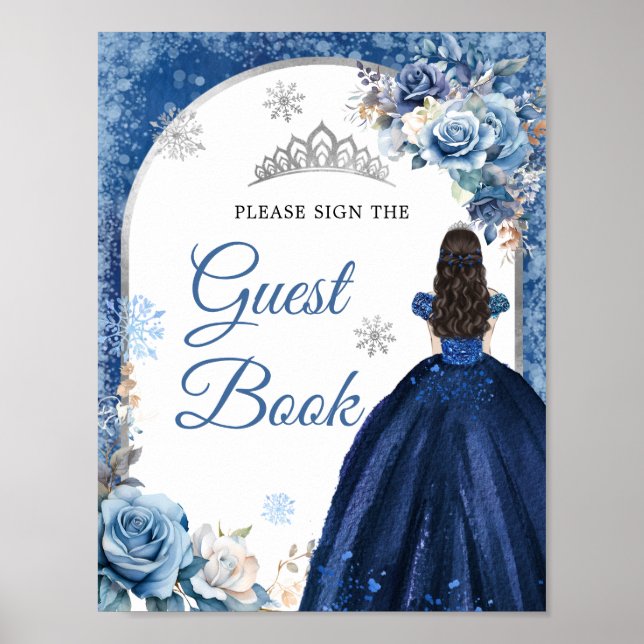 Navy Blue Magical Snowflake Quinceañera Guest Book (Front)