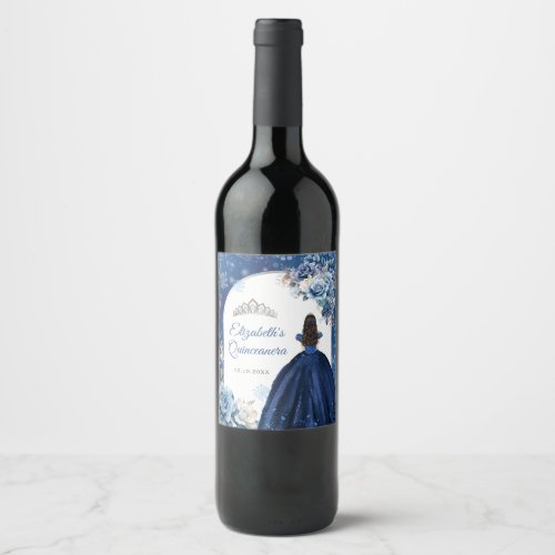 Navy Blue Magical Winter Snowflake Quinceanera Wine Label