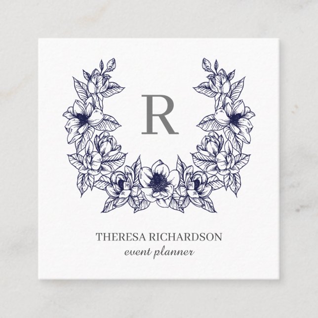 Navy Blue Magnolia Wreath Monogram social media Square Business Card (Front)