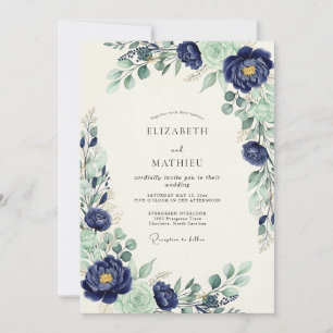 Navy Blue Majestic Botanical Wedding Invitation