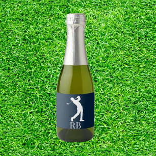 Navy Blue Man Golfer Monogram Sparkling Wine Label