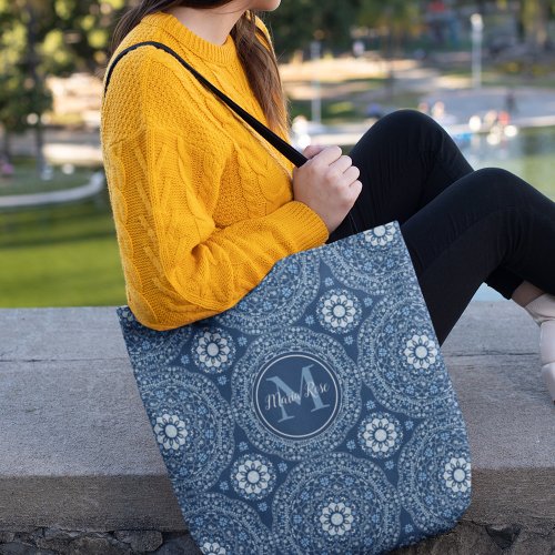 Navy Blue Mandala Lotus Floral Monogram Tote Bag