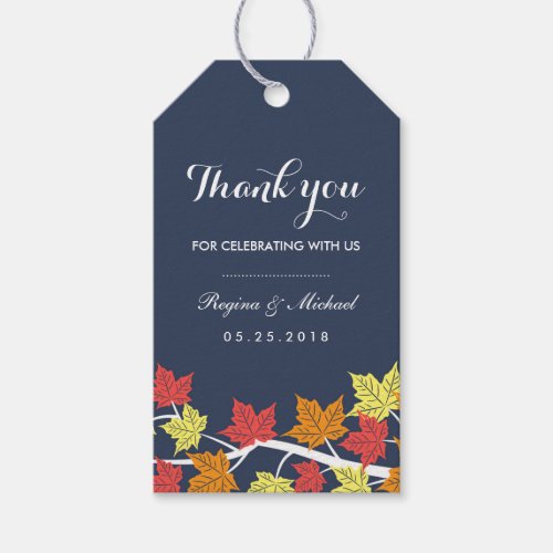 Navy Blue Maple Leaf Autumn Wedding Gift Tag