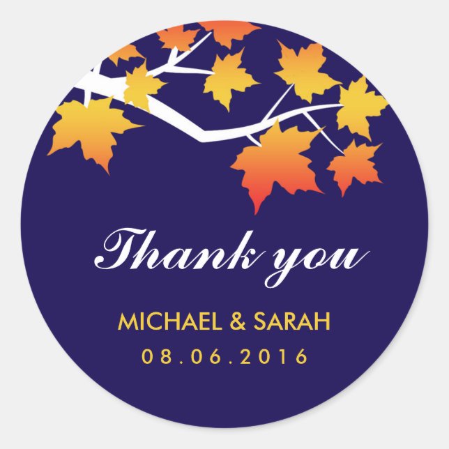 Navy Blue Maple Leaves Thank You Sticker (Front)