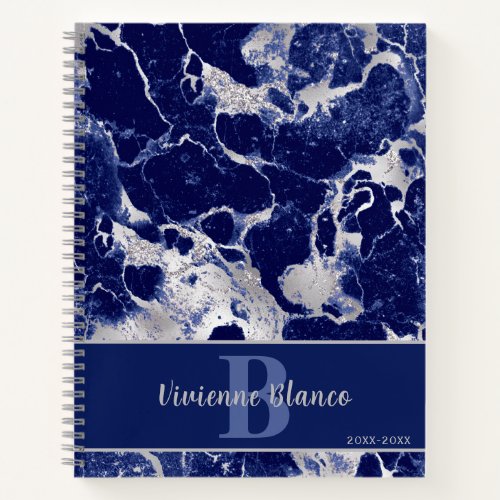 Navy Blue Marble Agate and Silver Notebook