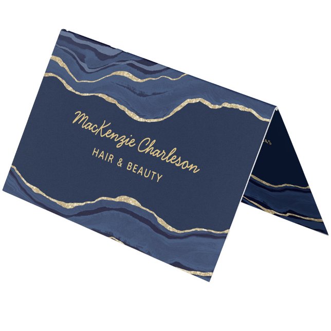 Navy Blue Marble Agate Geode Gold Glitter Business Card (Navy blue marble agate geode gold custom text folded business card)