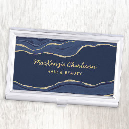 Navy Blue Marble Agate Geode Gold Glitter Business Card Case