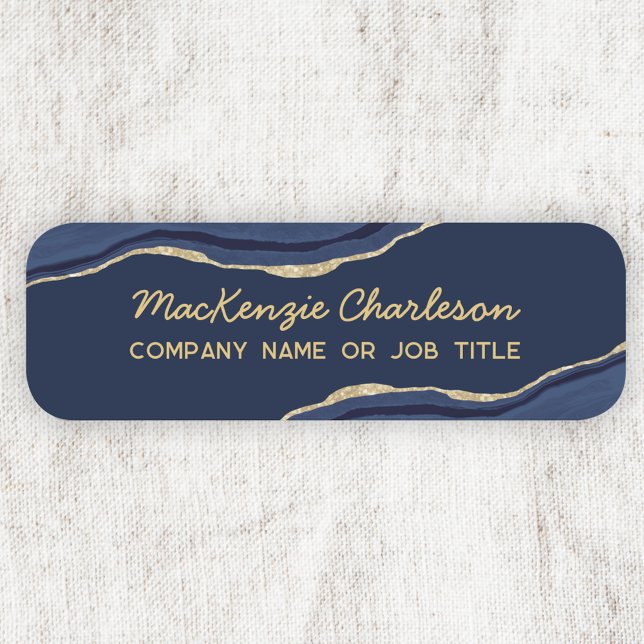 Navy Blue Marble Agate Geode Gold Glitter Business Name Tag (Navy blue agate marble geode gold modern script business name tag)
